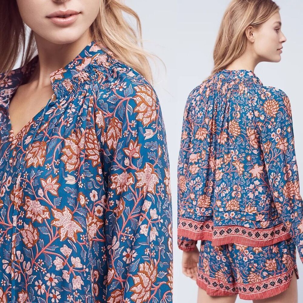 Nat by Natalie Martin Blue Floral Print Tassel Peasant Blouse‎ Size Small